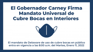 El Gobernador Carney Firma Mandato Universal de Cubre Bocas en Interiores. El mandato de Delaware de uso de cubre bocas en público entra en vigencia a las 8:00 a.m. del Martes, Enero 11, 2022.