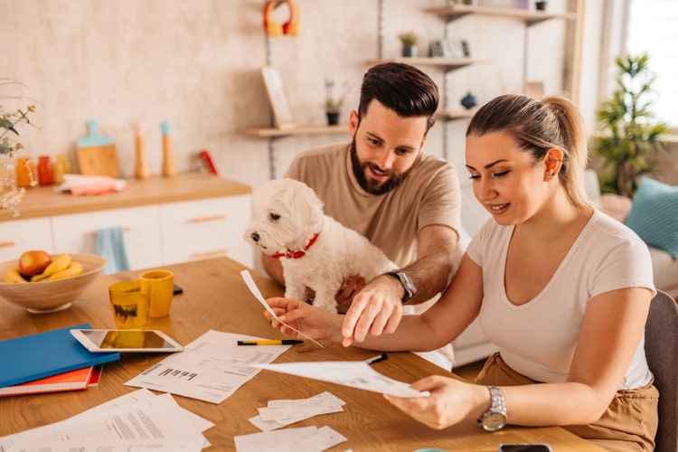 Couple checking their finances at home with their dog