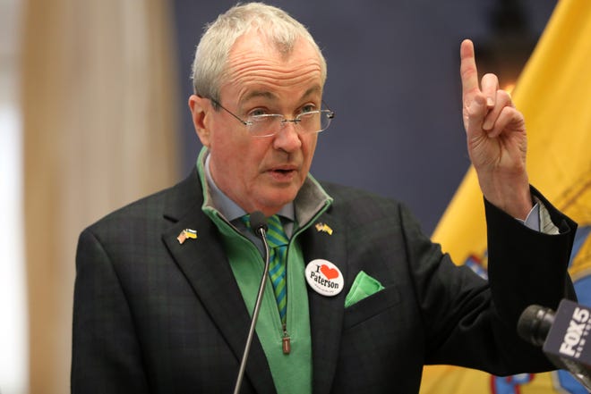 Gov. Phil Murphy speaks at Paterson City Hall, during the St. Patrick's Day celebration. Thursday, March 17, 2022