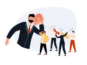 Illustration of a boss leaning in to a group of employees.