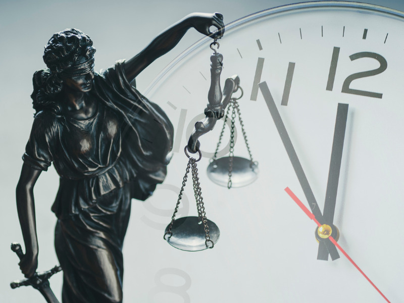 Scales of justice with clock in the background