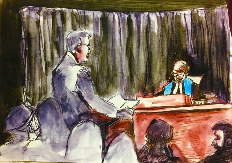 A courtroom sketch of a man standing with a judge behind a desk