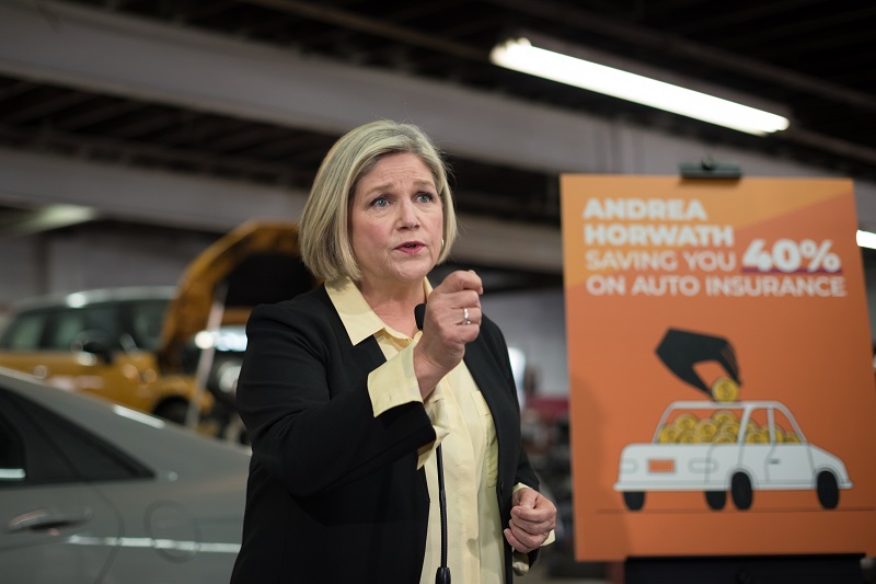 Andrea Horwath making a policy announcement in Brampton, Ont.