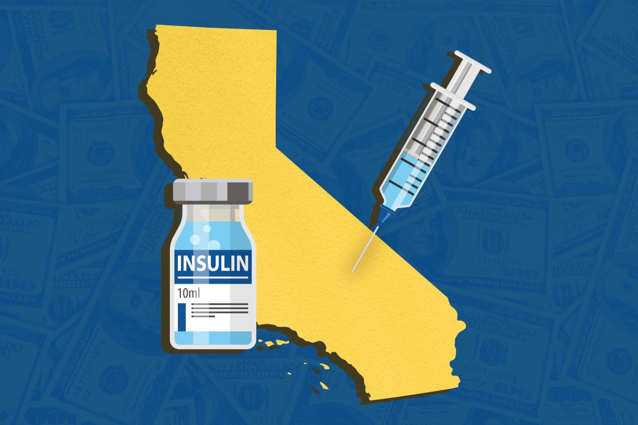 A photo illustration shows a vial of insulin and a syringe on top of the state of California, tinted yellow. The blue background is faintly textured with $100 bills.