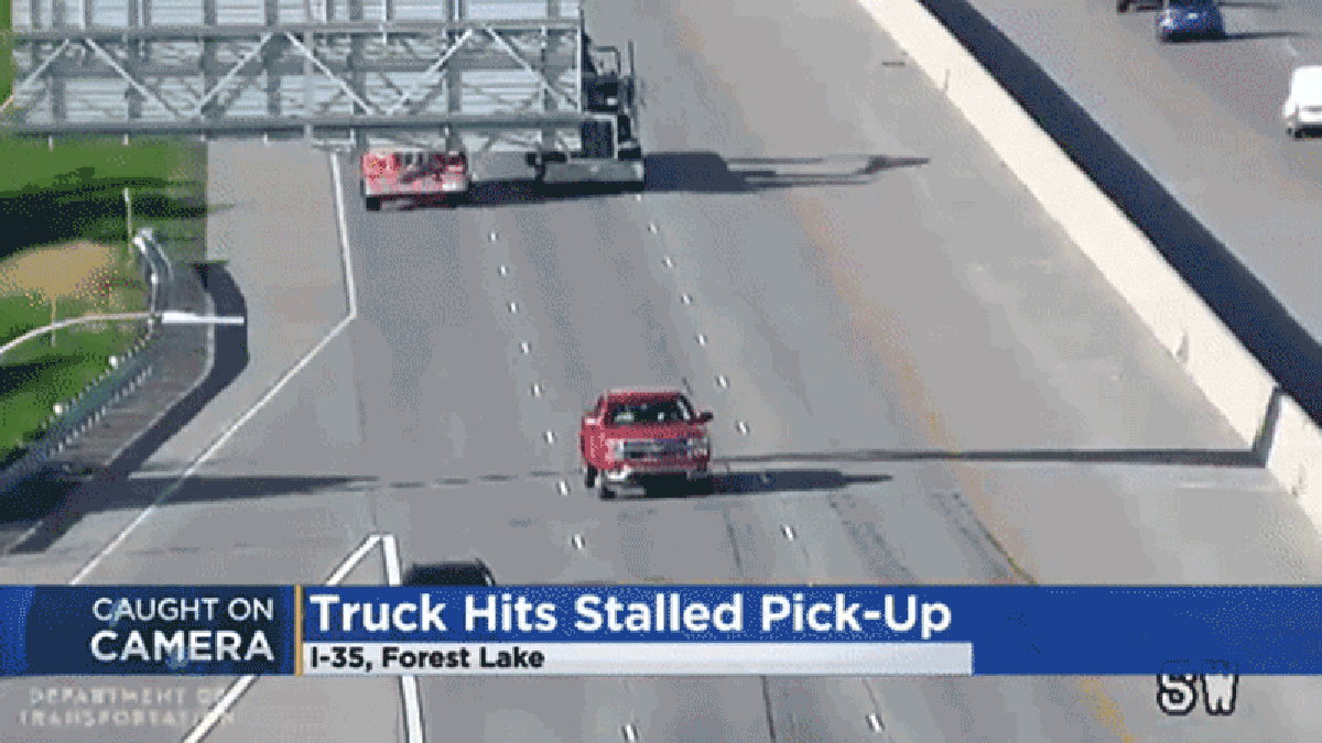 Abandoned Pickup Bursts into Flames After Being Hit by a Semi