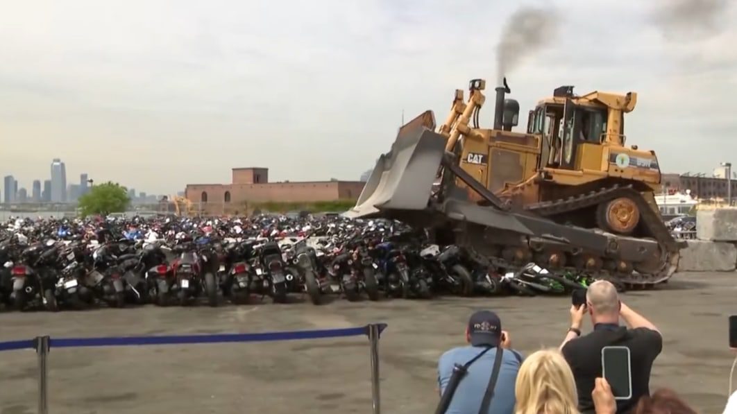 New York mayor bulldozes hundreds of illegal dirt bikes and ATVs