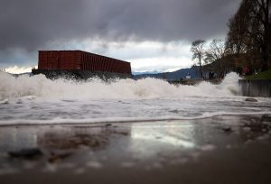 The barge that driftyed loose during a massive windstorm last year in Vancouver.