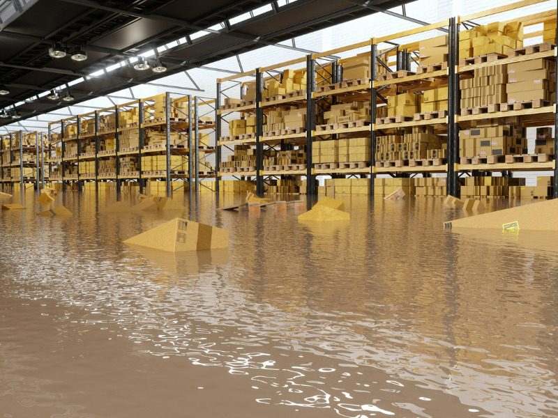 Flooded warehouse full of floating cardboard boxes