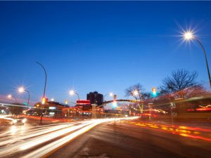 An intersection in Winnipeg at night