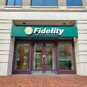 A Fidelity sign on a building.