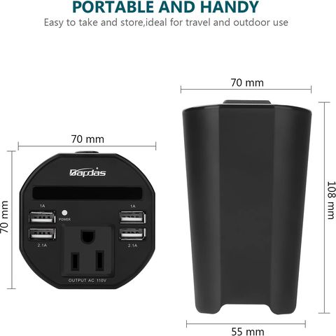 Bapdas 150W Car Cup Power Inverter DC 12V to 110V AC Converter with 1 AC Outlet and 4 USB Ports for Tablets, Laptops and Smartphones-Black bapdas 150w car cup power inverter dc 12v to 110v ac converter with 1 ac outlet and 4 usb ports for tablets, laptops and smartphonesblack