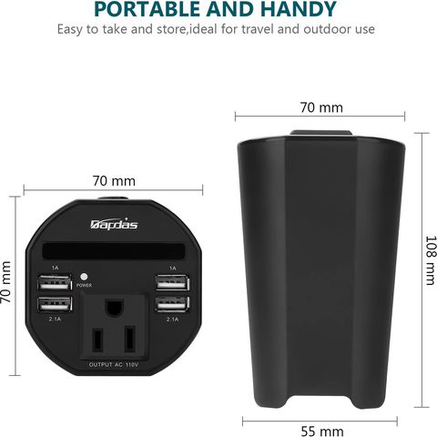 bapdas 150w car cup power inverter dc 12v to 110v ac converter with 1 ac outlet and 4 usb ports for tablets, laptops and smartphonesblack