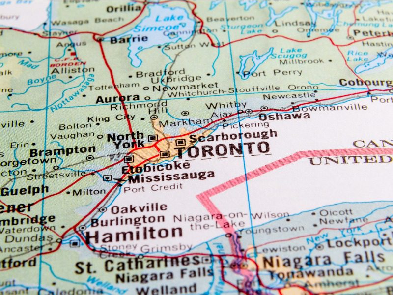 A map of Ontario with a select focus on Southern Ontario. Cities and main highways are pictured.