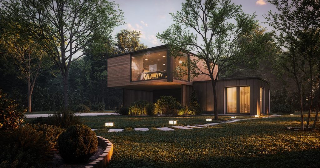 Digitally generated modern and minimalist family house/villa in Nature with garage and a terrace.