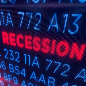 Adobe Stock image of the word Recession in Red surrounded by blue-colored numbers