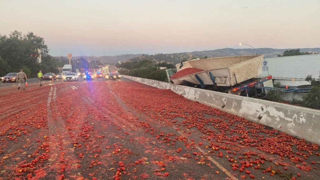 Semi carrying 150,000 tomatoes crashes, turns I-80 into slippery mess