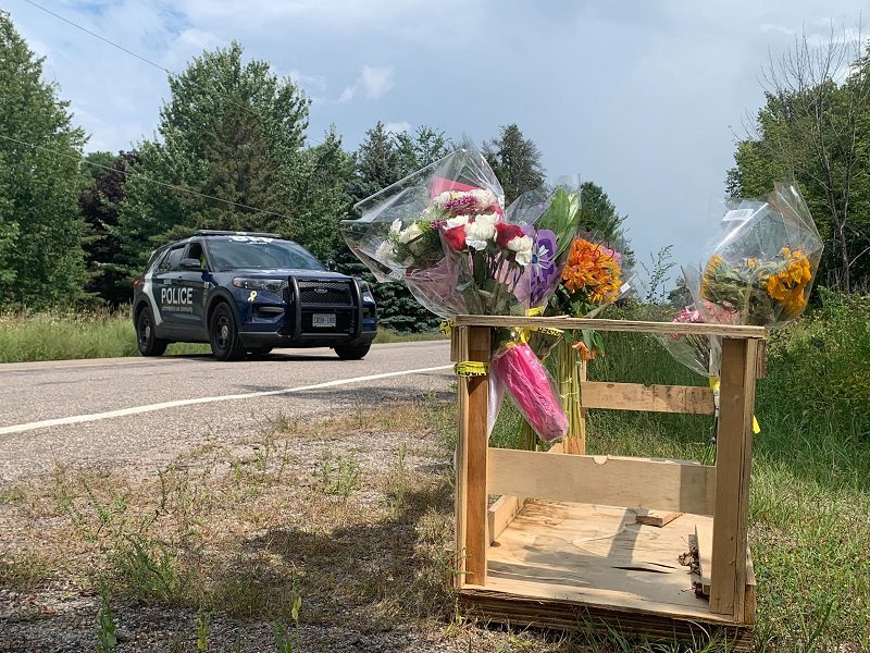 A memorial near the scene of a fatal crash in Barrie, Ont.