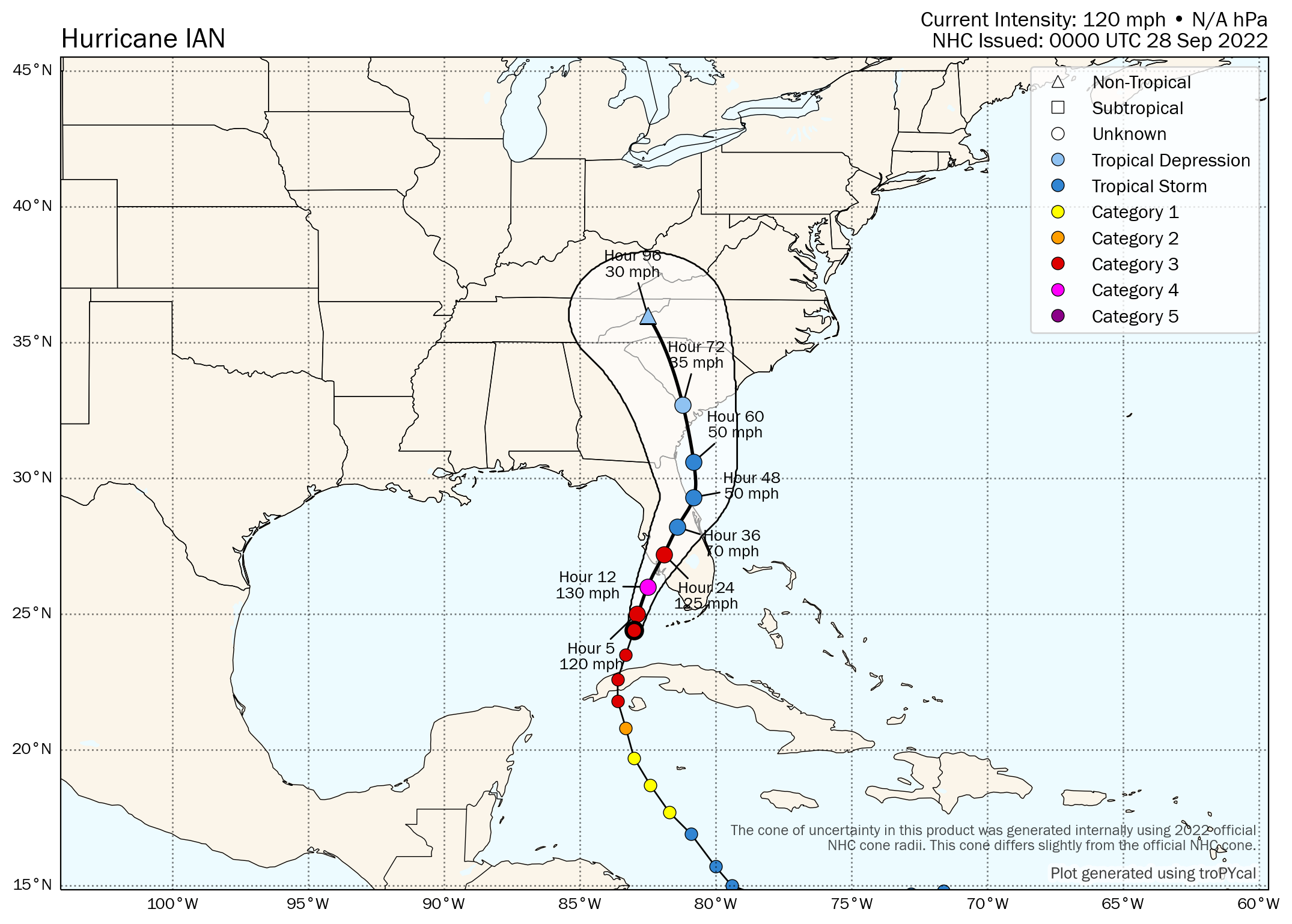 Hurricane Ian forecast map with wind speeds