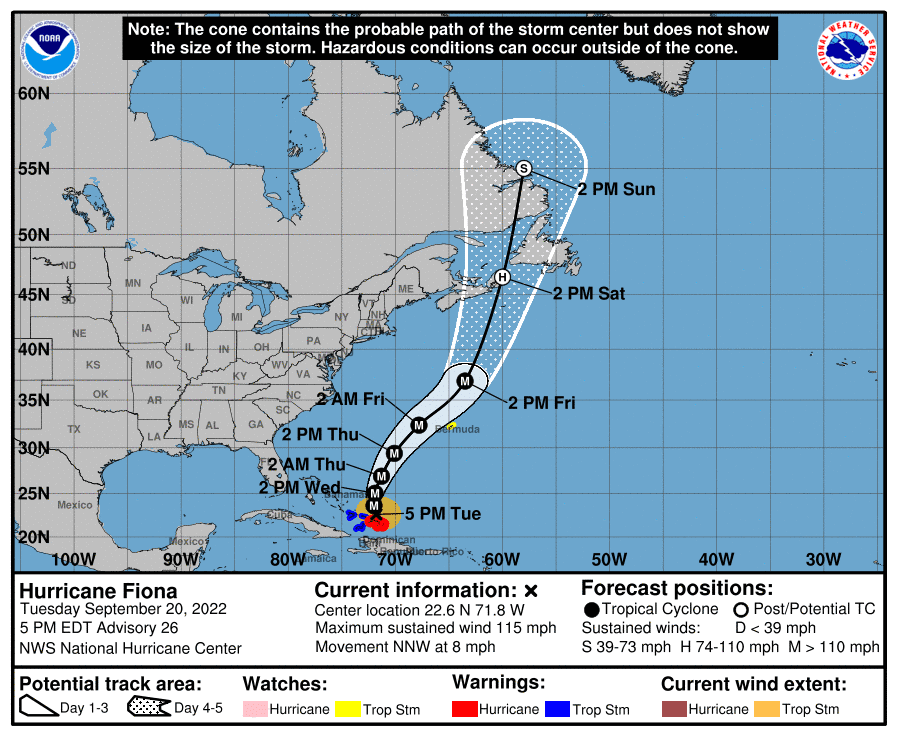 Tropical storm Fiona forecast path and cone