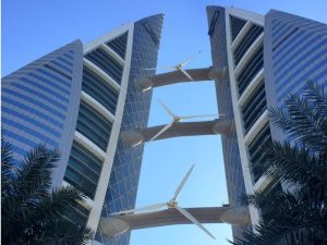 Advanced modern office building using wind turbines to make it's own power