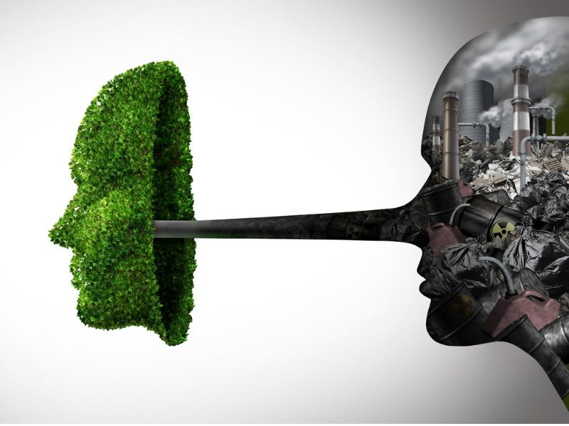 Illustration of a side silhouette of an industrial, pollution filled face with a long pinocchio-like nose. A green mask filled with plants is in front of the nose.