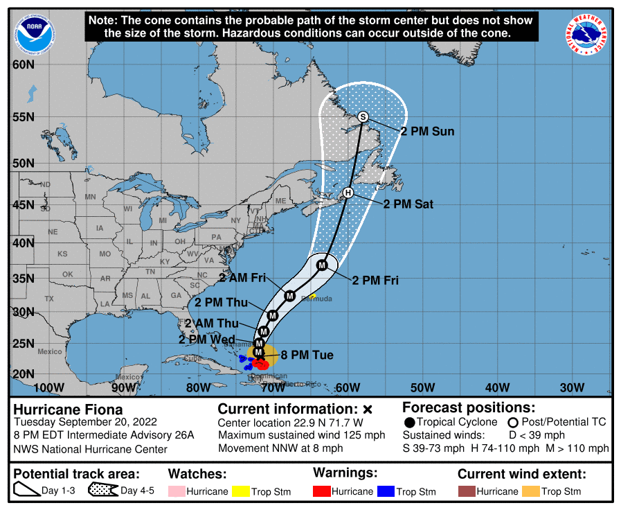 Tropical storm Fiona forecast path and cone