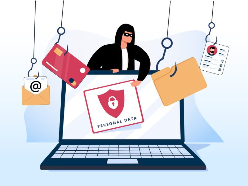 Illustration of a cyber criminal standing above a laptop. Fishing hooks with envelopes, credit cards and passwords are being reeled in above him