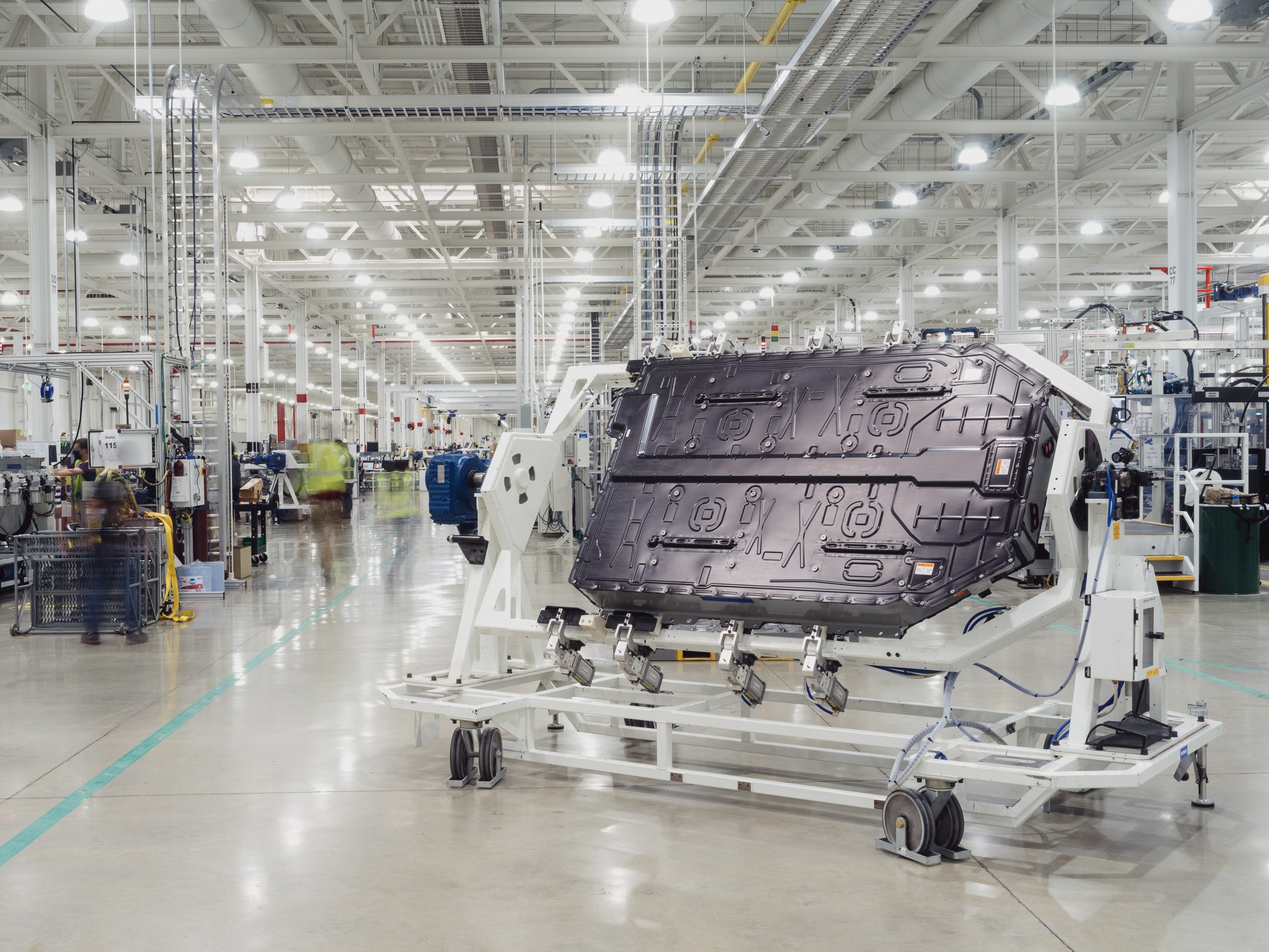 A Rivian vehicle battery pack on the floor of its manufacturing plant in Normal Illinois