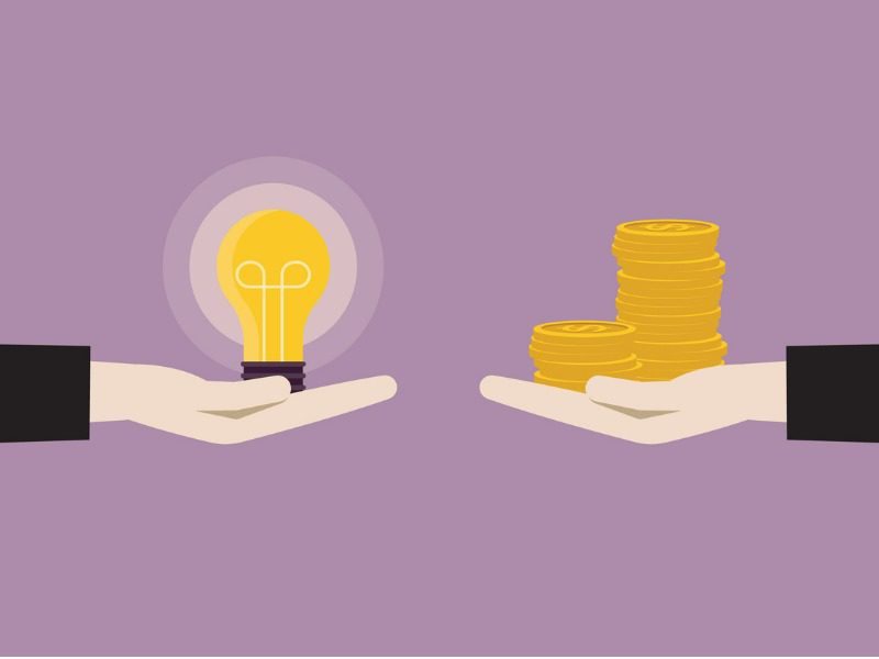 Illustration of one hand reaching out from the left side and holding a lightbulb, one hand reaching out from the right side and holding a stack of coins