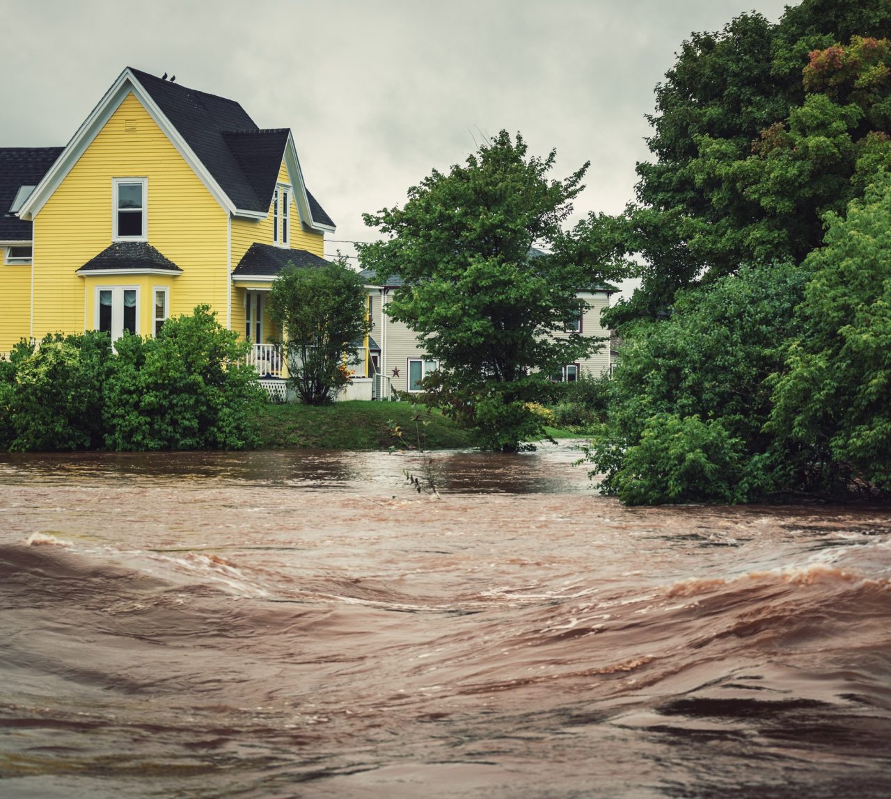 A river overflows it's banks during heavy rains.