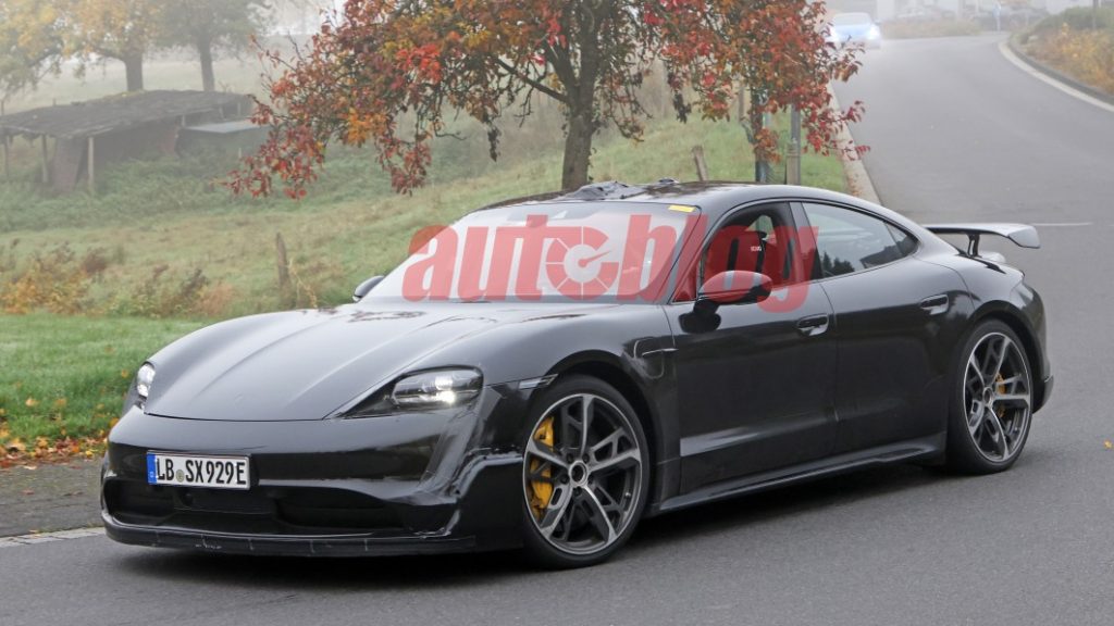 High-downforce Porsche Taycan test car spied near the Nurburgring