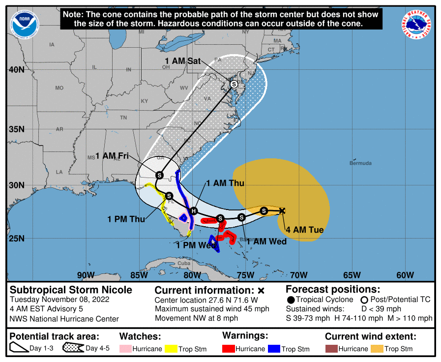 Subtropical storm Nicole NHC cone, forecast path, track and map