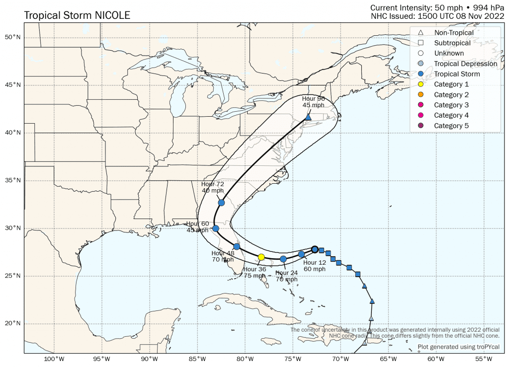 Tropical storm Nicole still growing & intensifying. Hurricane still forecast by landfall