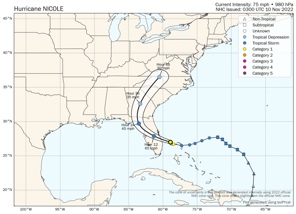 Tropical storm Nicole forecast path, track and map