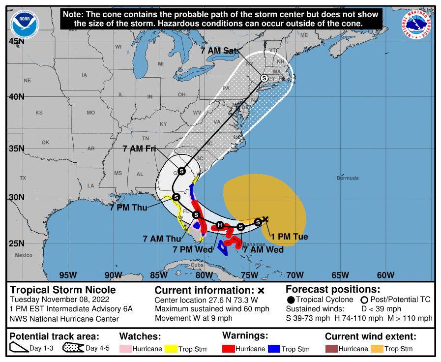 Tropical storm Nicole NHC cone, forecast path, track and map