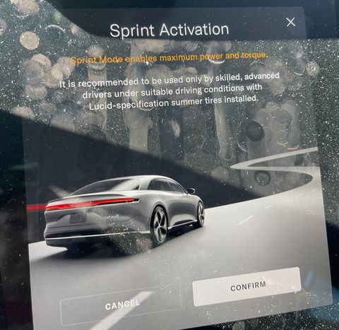 lucid air sprint mode disclaimer screen