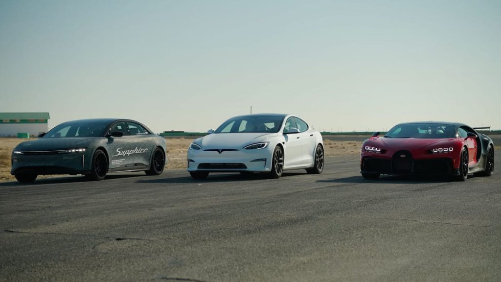 Watch a Lucid Air Sapphire Smoke a Tesla Model S Plaid and a Bugatti Chiron Pur Sport in a Drag Race