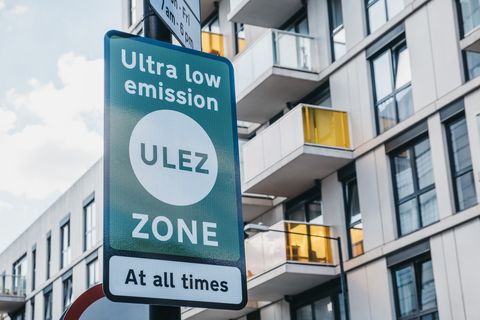Ultra Low Emission Zone (ULEZ) sign on a street in London, UK. ultra low emission zone ulez sign on a street in london, uk