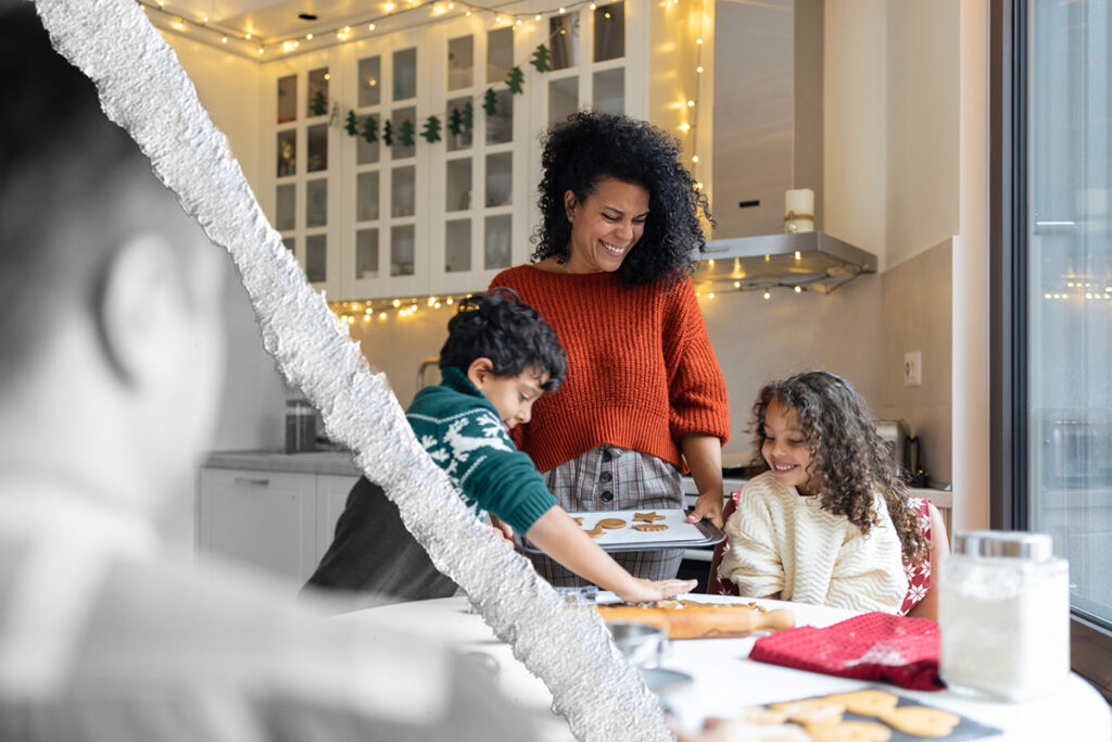 A family makes holiday cookies together