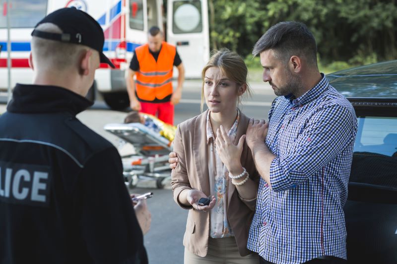 A woman at the scene of a car accident consoled by a man while answering police questions