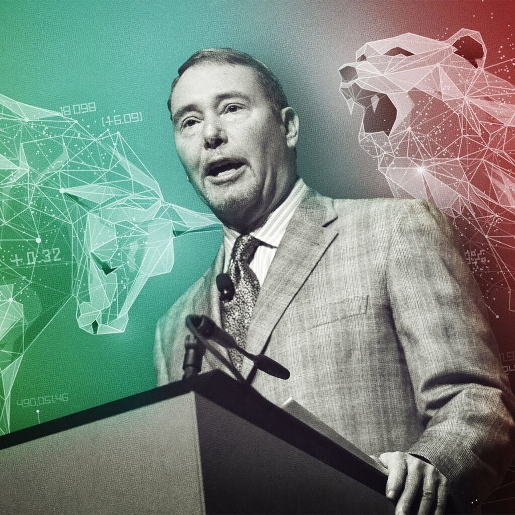 Photo of Jeffrey Gundlach, CEO of DoubleLine Capital, on a red and green background of a bull and a bear