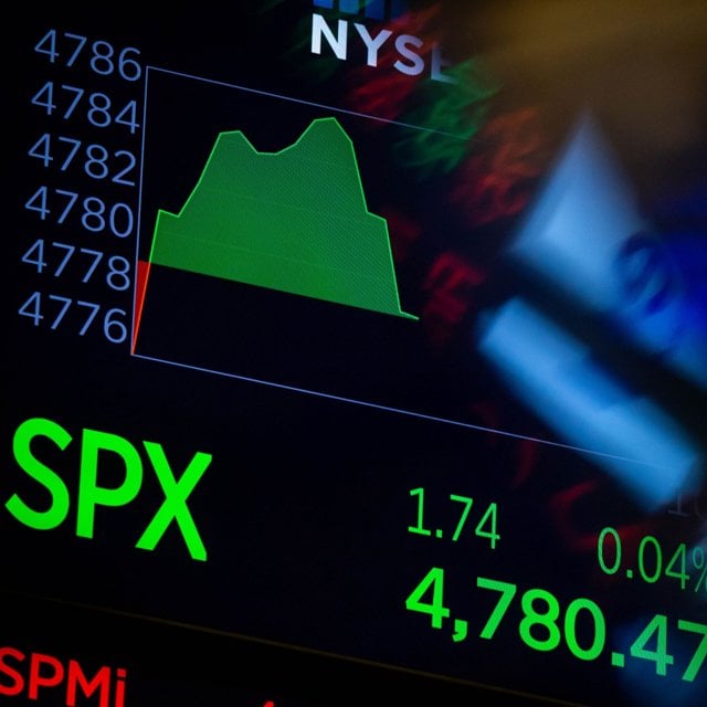 A monitor displays S&P 500 market data on the floor of the New York Stock Exchange in New York,