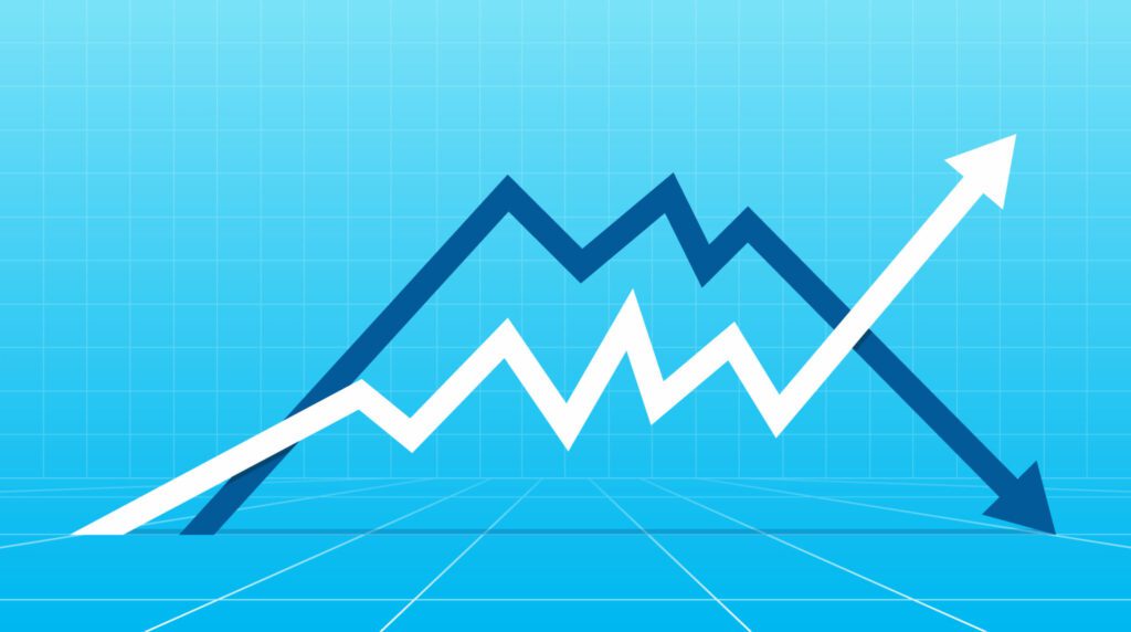 A blue arrow pointing down and a white arrow pointing up, indicating an increase and decrease in profit