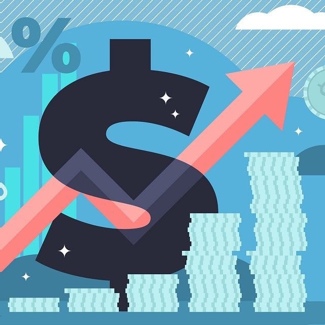 Illustration of dollar sign and coin stacks