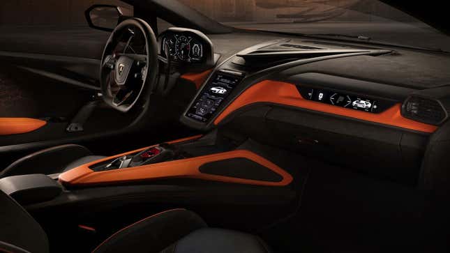 A render of the interior of the Lamborghini Revuelto. 