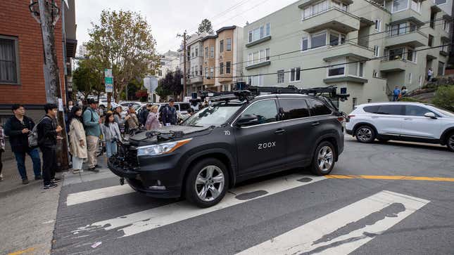 A photo of a Zoox self-driving car in San Francisco. 