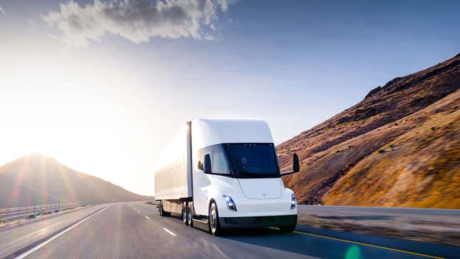A render of the Tesla Semi electric truck driving on a highway. 