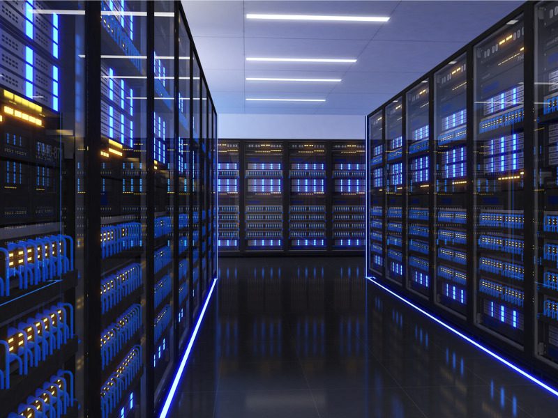 A data centre with multiple rows of servers