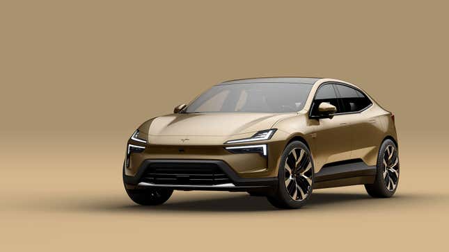 A render of a gold Polestar 4 electric car. 