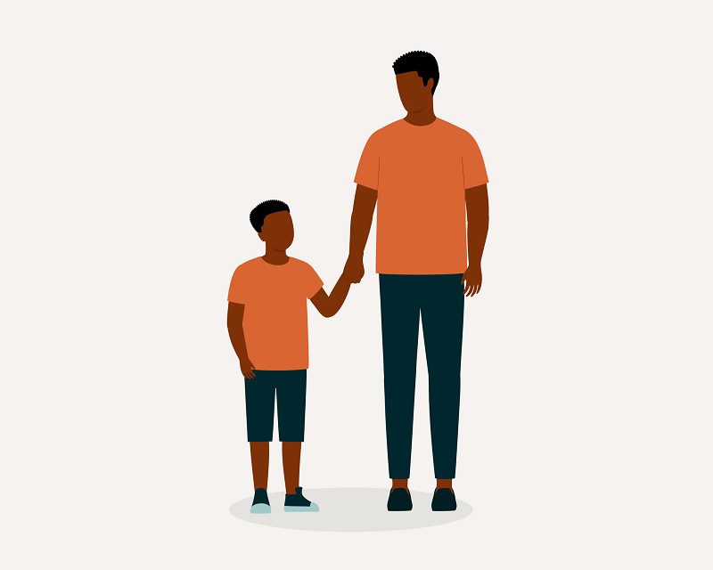 Father With One Child Holding His Son's Hand. Isolated On Color Background.